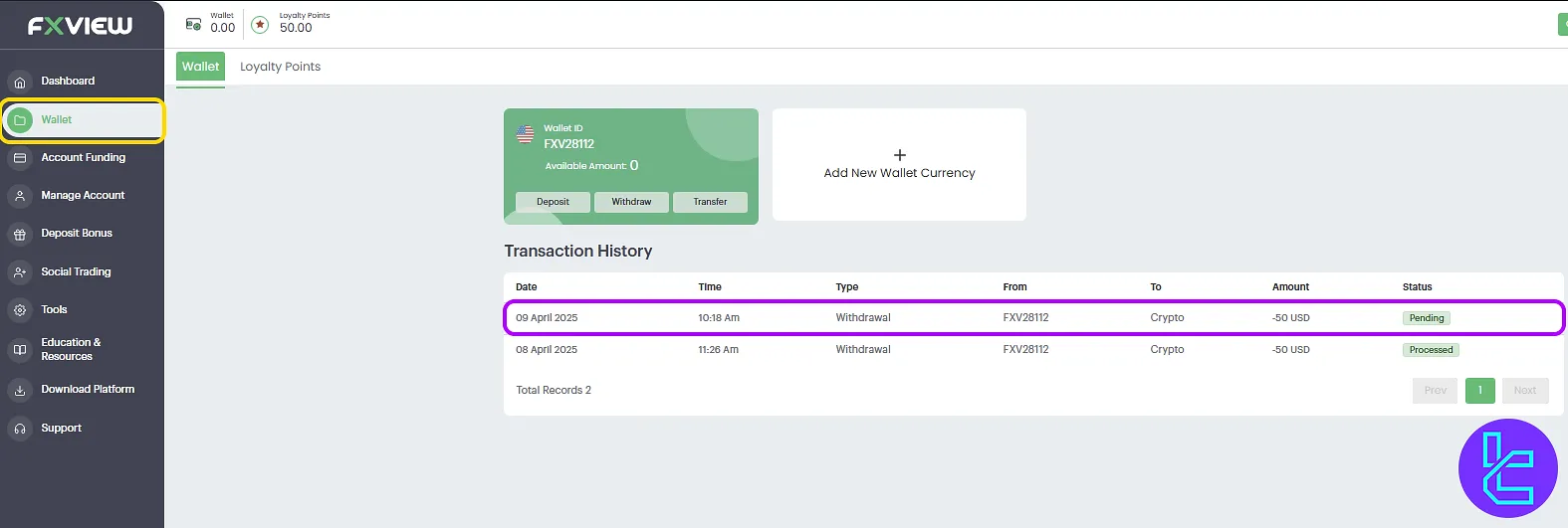 Wallet transaction history showing successdul Fxview ERC20 cash out