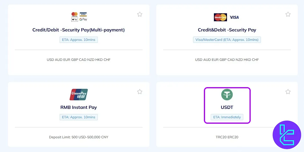 Choose USDT TRC20 cash-in