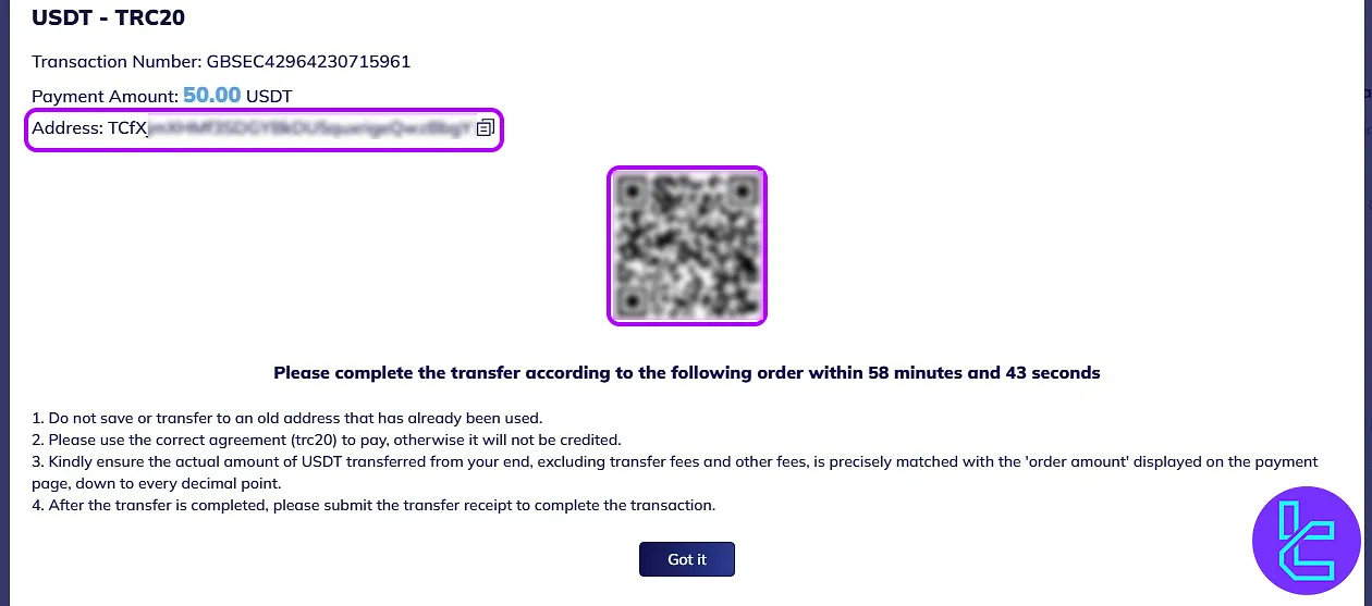 TMGM TRC20 cash-in address