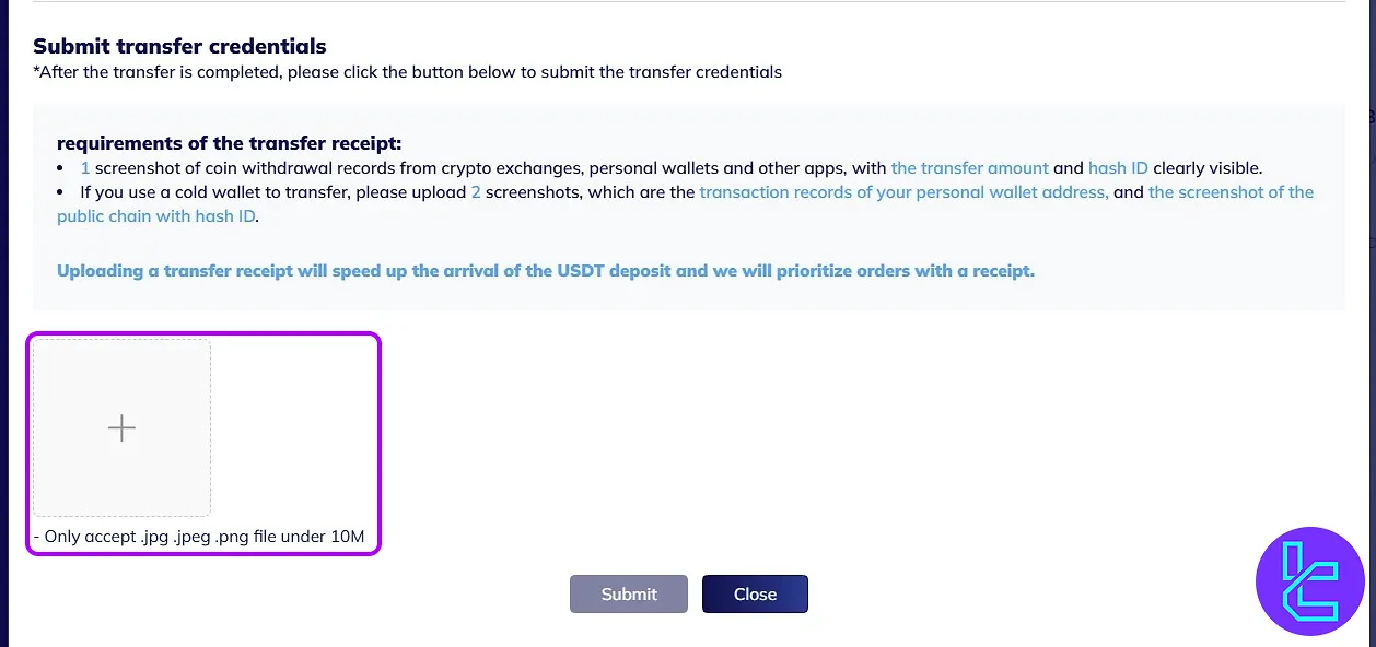 Upload transaction screenshot in TMGM TRC20 cash-in