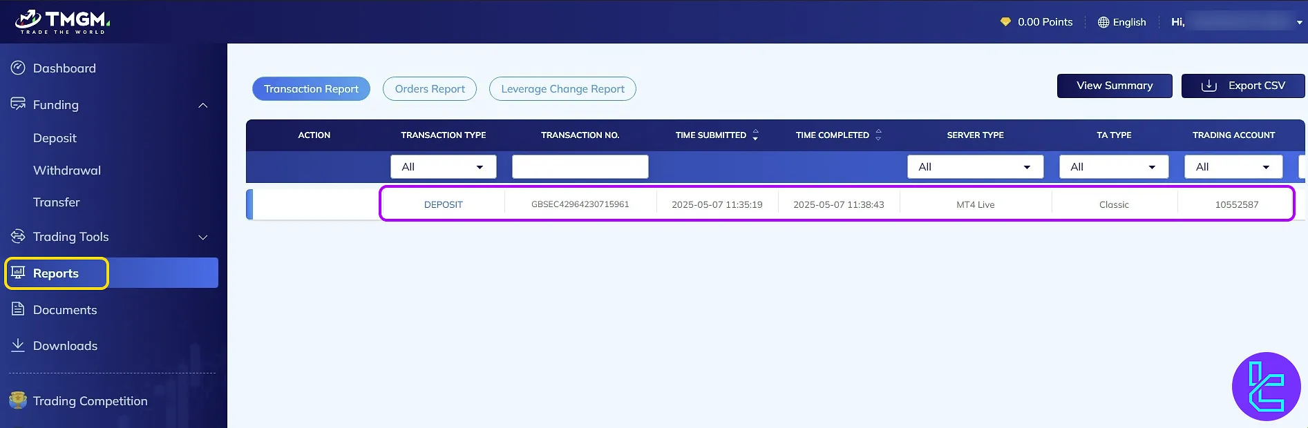 View TMGM TRC20 funding report