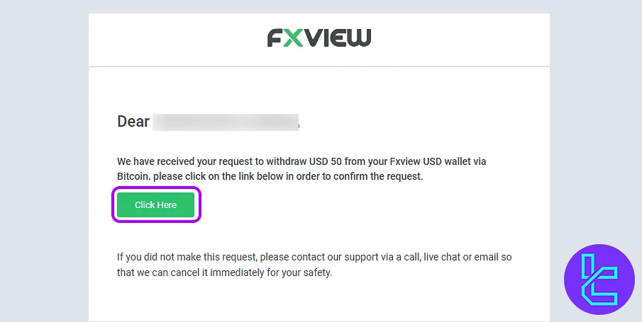 Email confirmation for Fxview TRC20 cash out
