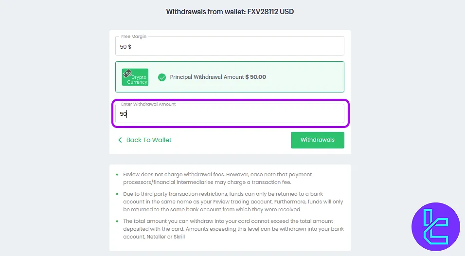 Fxview TRC20 cash out form