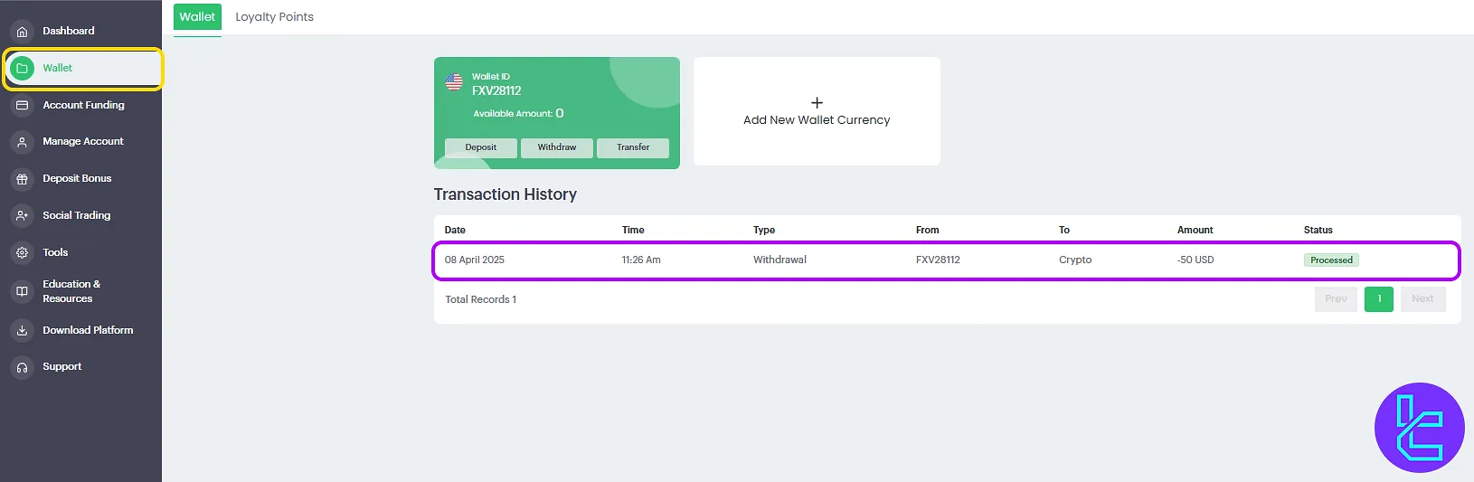 Check the pending status of the Fxview TRC20 cash-out