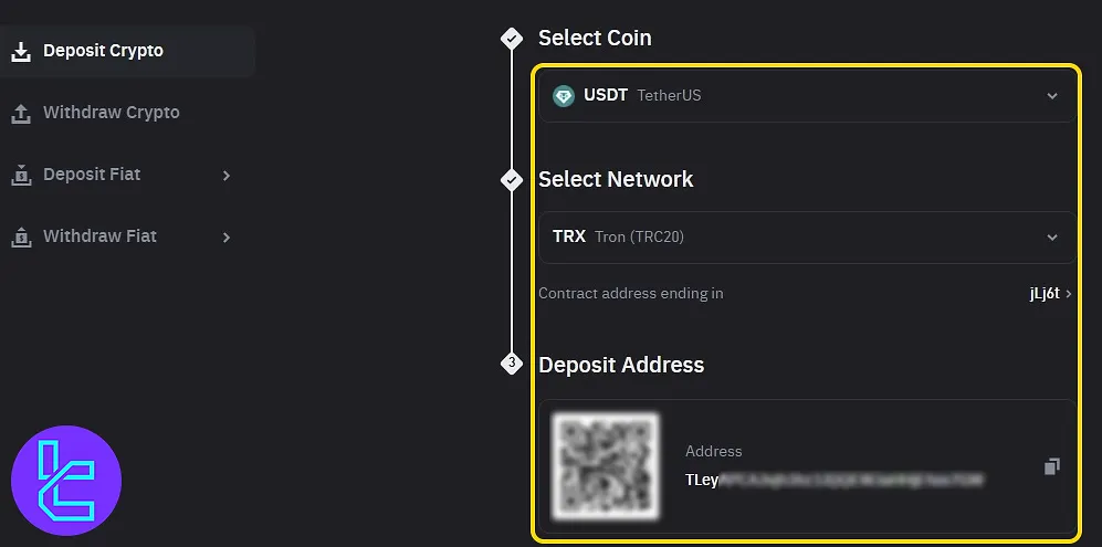 USDT selected with the network for Binance TRC20 payment