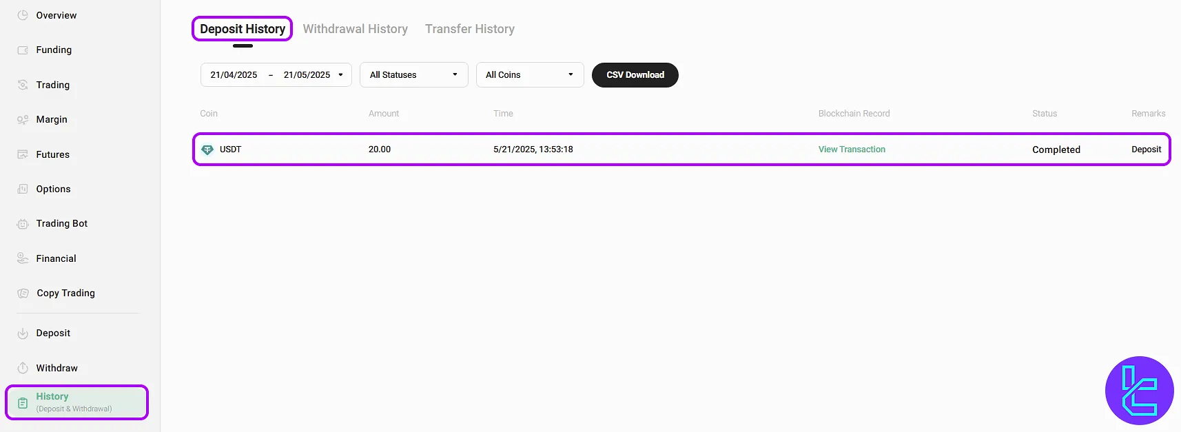 KuCoin TRC20 payment in the history section