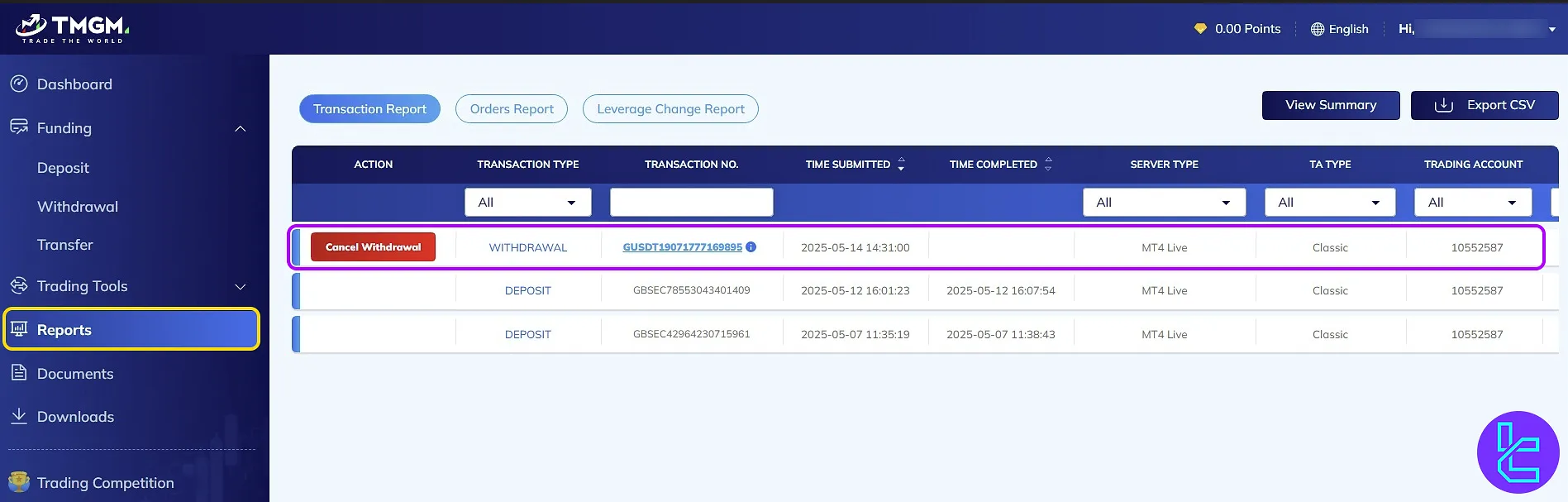 TMGM TRC20 cash-out report section