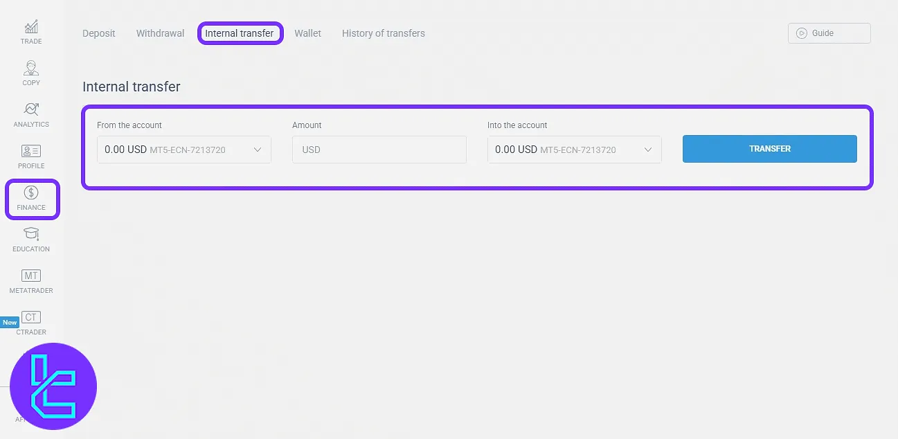 Internal fund transfer setup panel in the LiteFinance dashboard