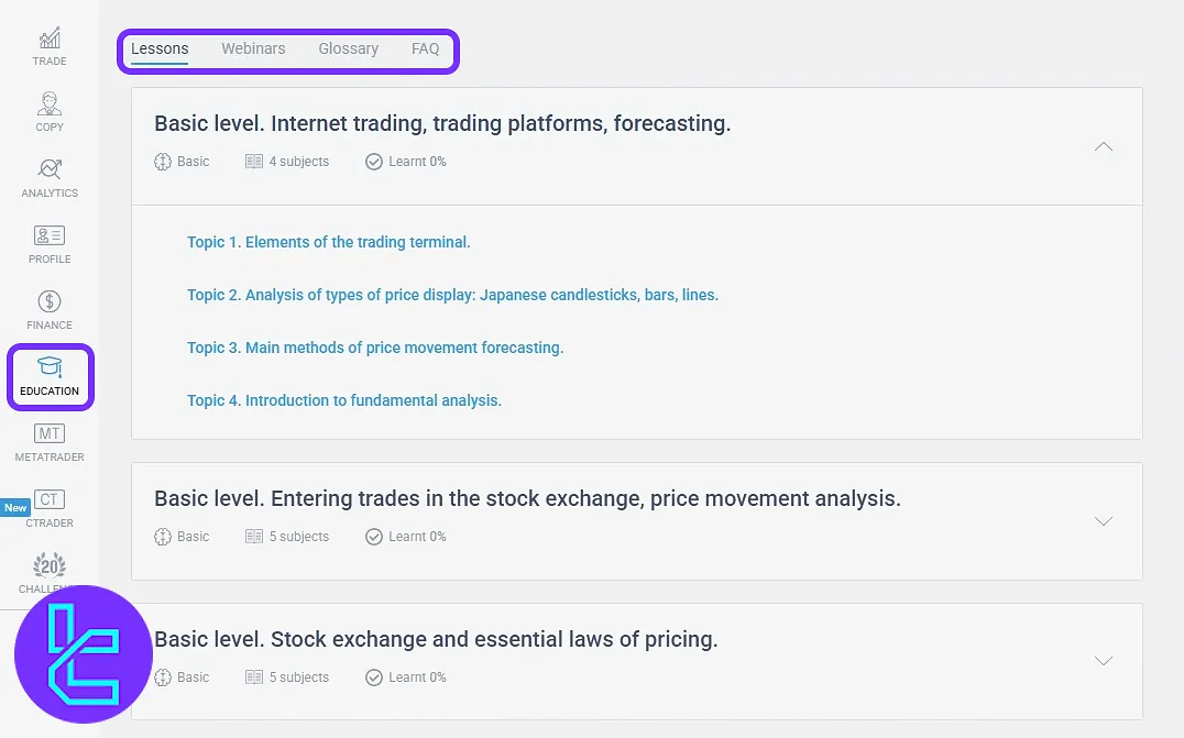 Education panel with structured trading lessons in the LiteFinance user panel