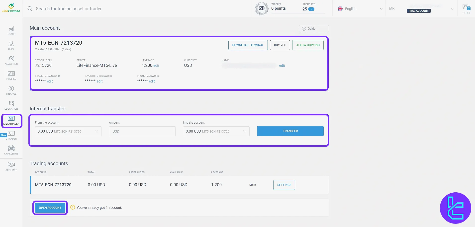 MetaTrader account management tools in the LiteFinance trading cabin