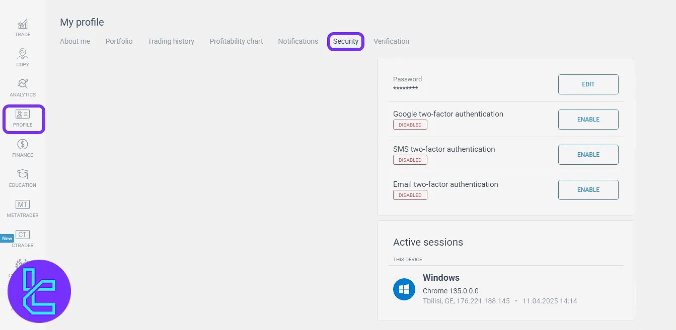Two-factor authentication and login security in the LiteFinance panel