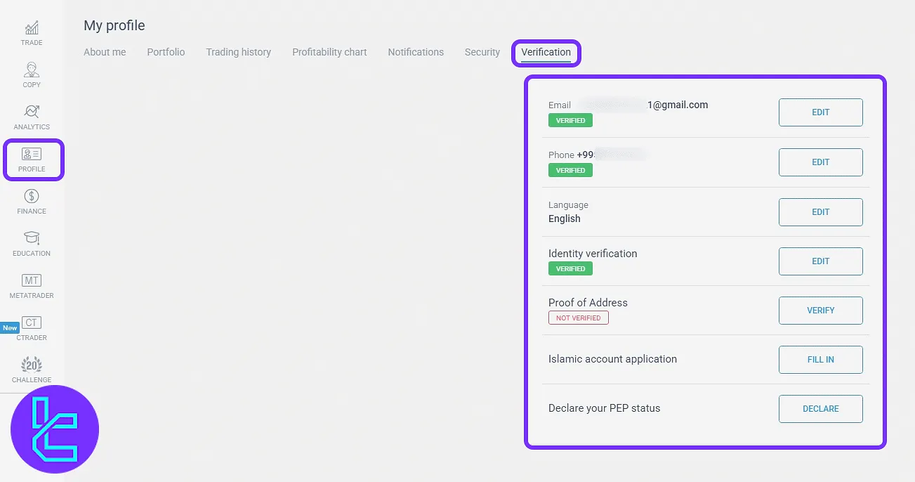 ID upload and account verification section in the LiteFinance client cabinet