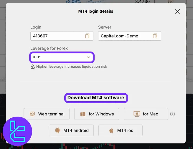 Demo account platform setup and leverage configuration in the capital.com panel