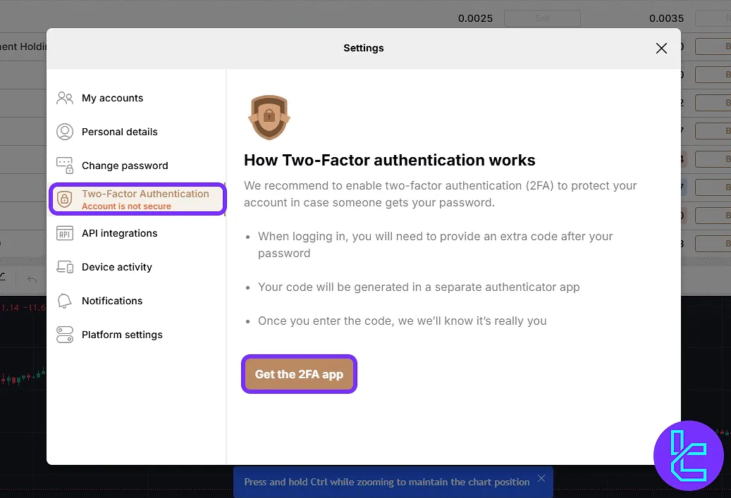 Two-factor authentication settings in the capital.com trading cabin