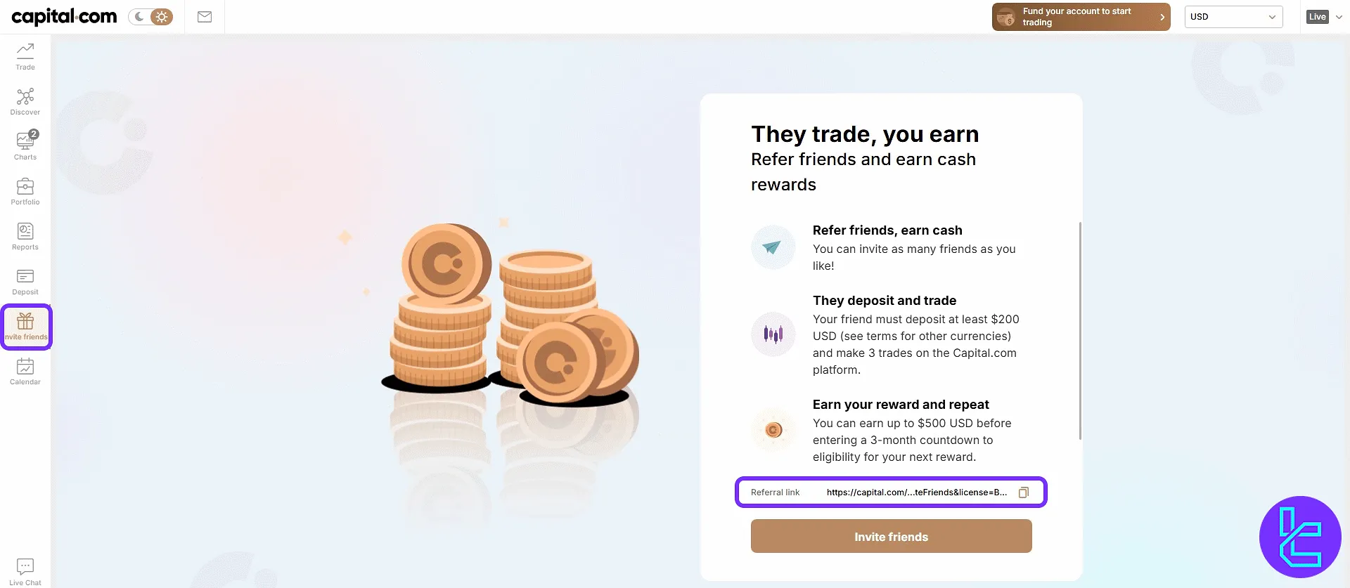 Referral bonus and sharing link tab in the capital.com trading cabin