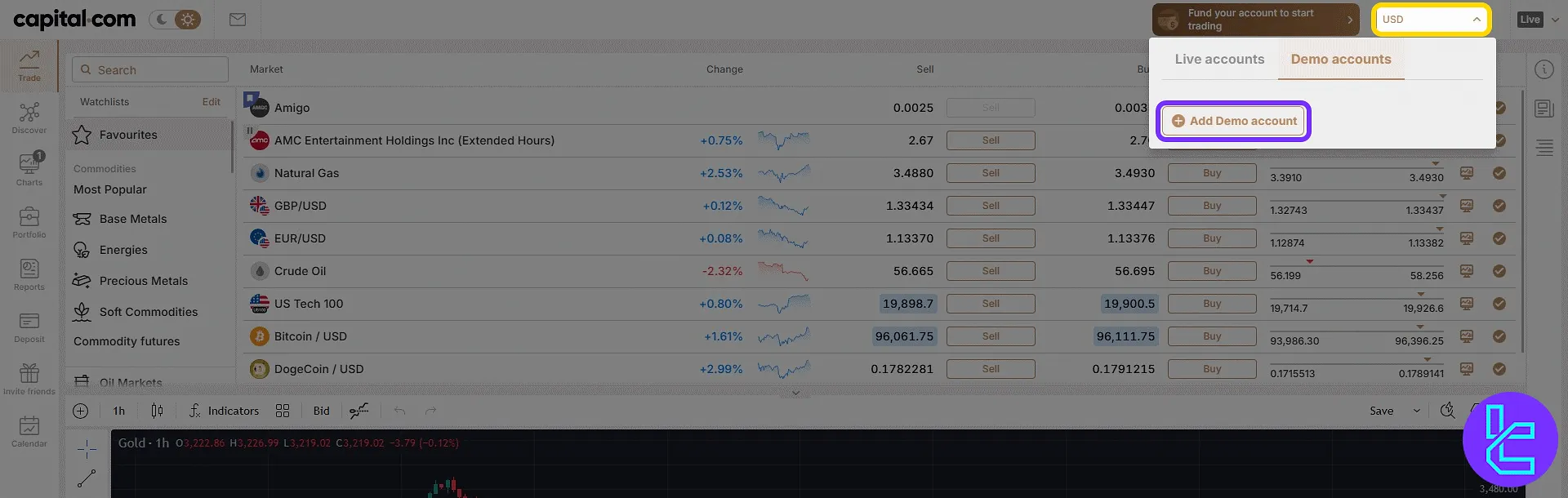 Demo account setup in the capital.com trading panel