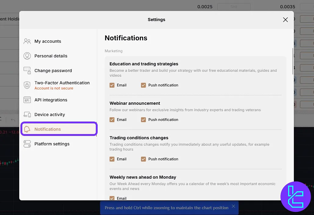 Alert settings in the capital.com panel