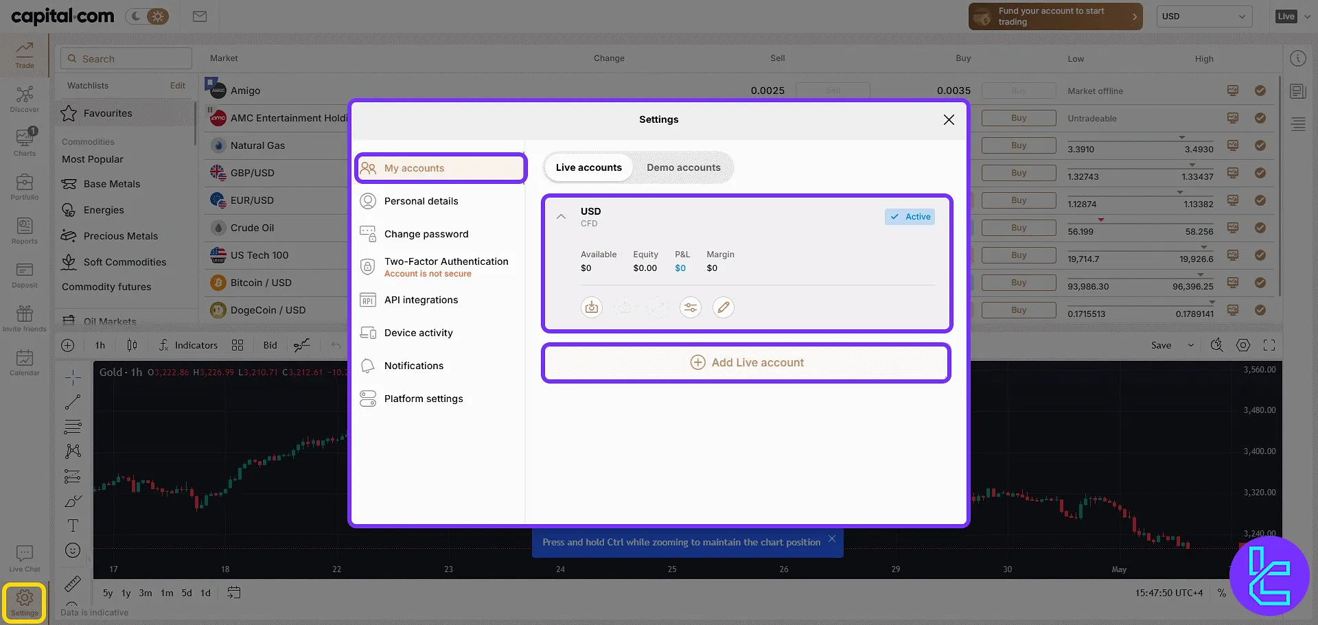 Accounts overview in the capital.com trading cabin