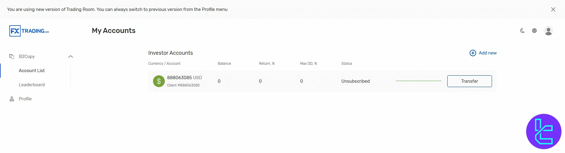 rading copytrading cabin with filters and account setup