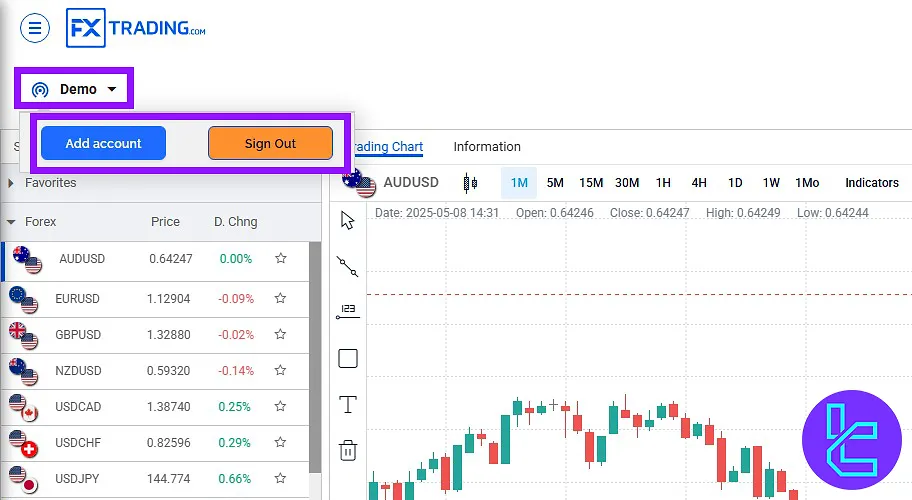 Add a new account or log out from the FXTrading trading cabin
