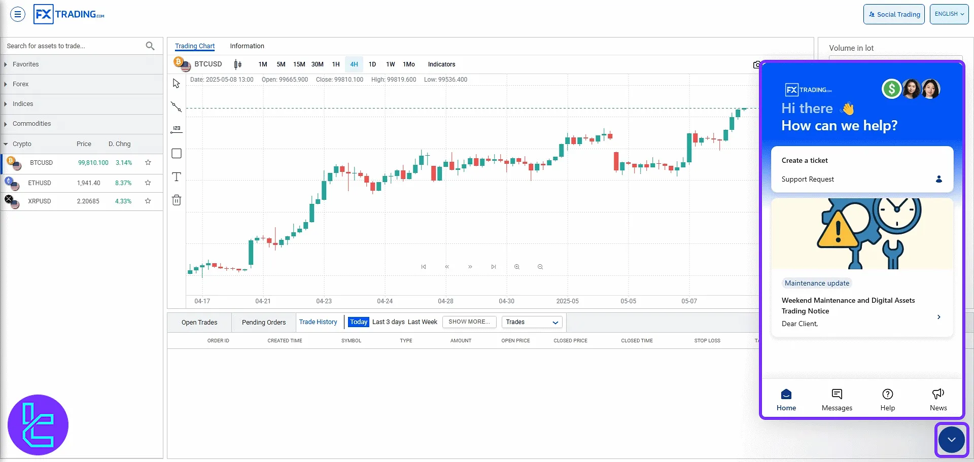 e support chat access on the FXTrading platform