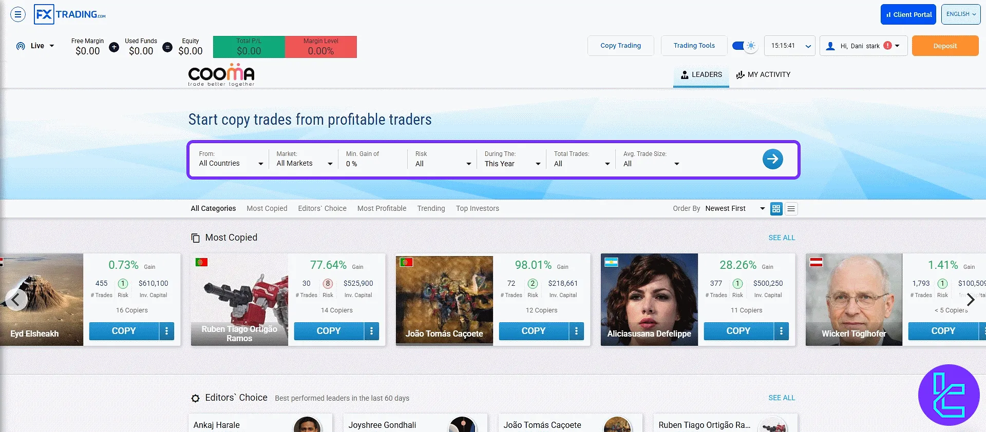 FXTrading social trading filters and top trader display in the trading cabin