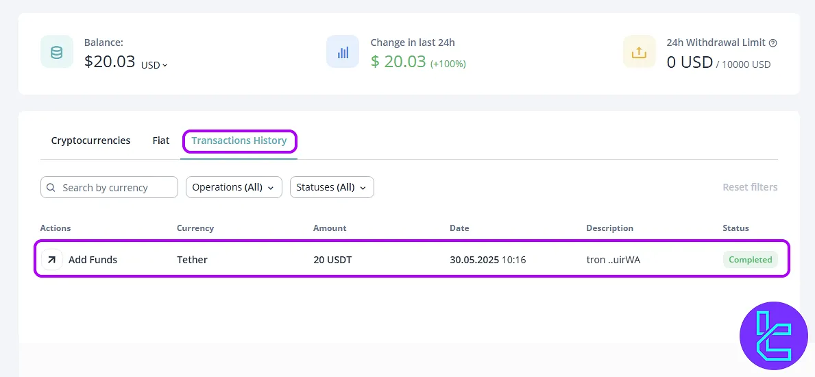 Check transaction history for CEX.io TRC20 top-up