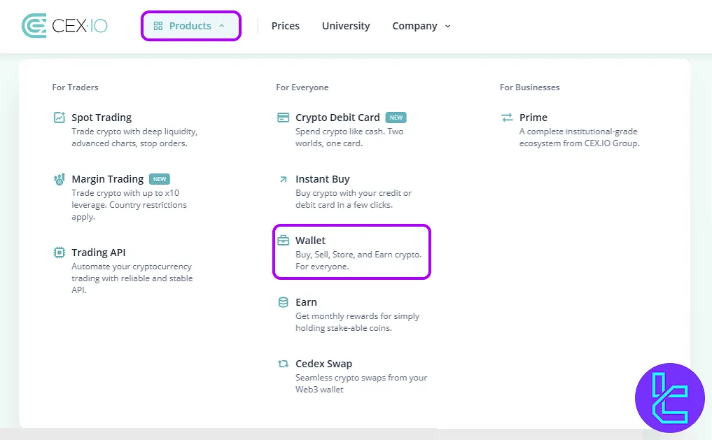 Access Wallet section for CEX.io TRC20 payment
