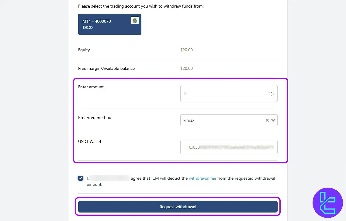 Finrex method and wallet address entry for ICM.com ERC20 withdrawal