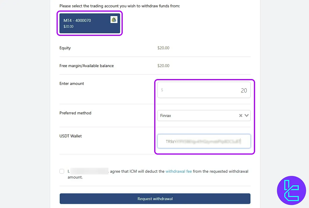 ICM.com TRC20 cash-out process steps