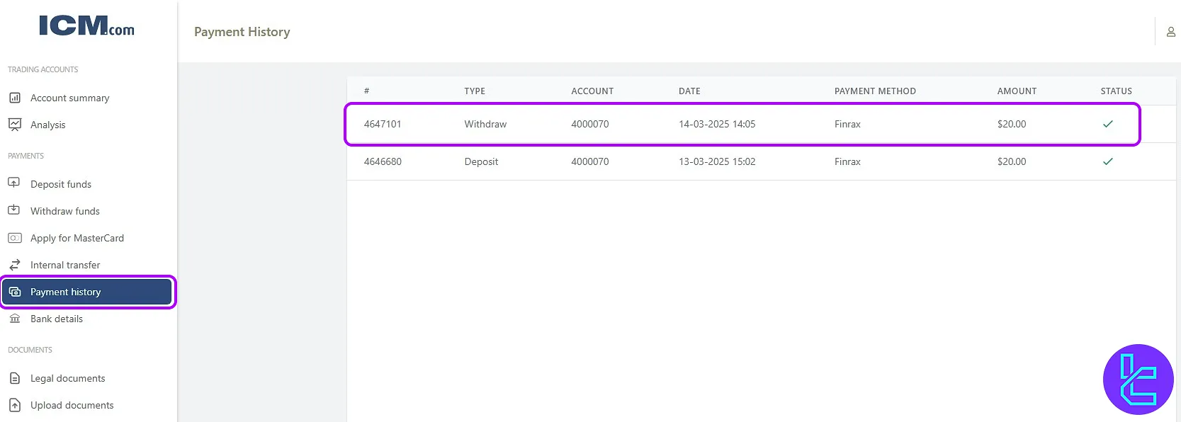 Phone confirmation process in ICM.com TRC20 cash-out