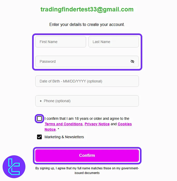 Clarity Traders profile creation form with personal details
