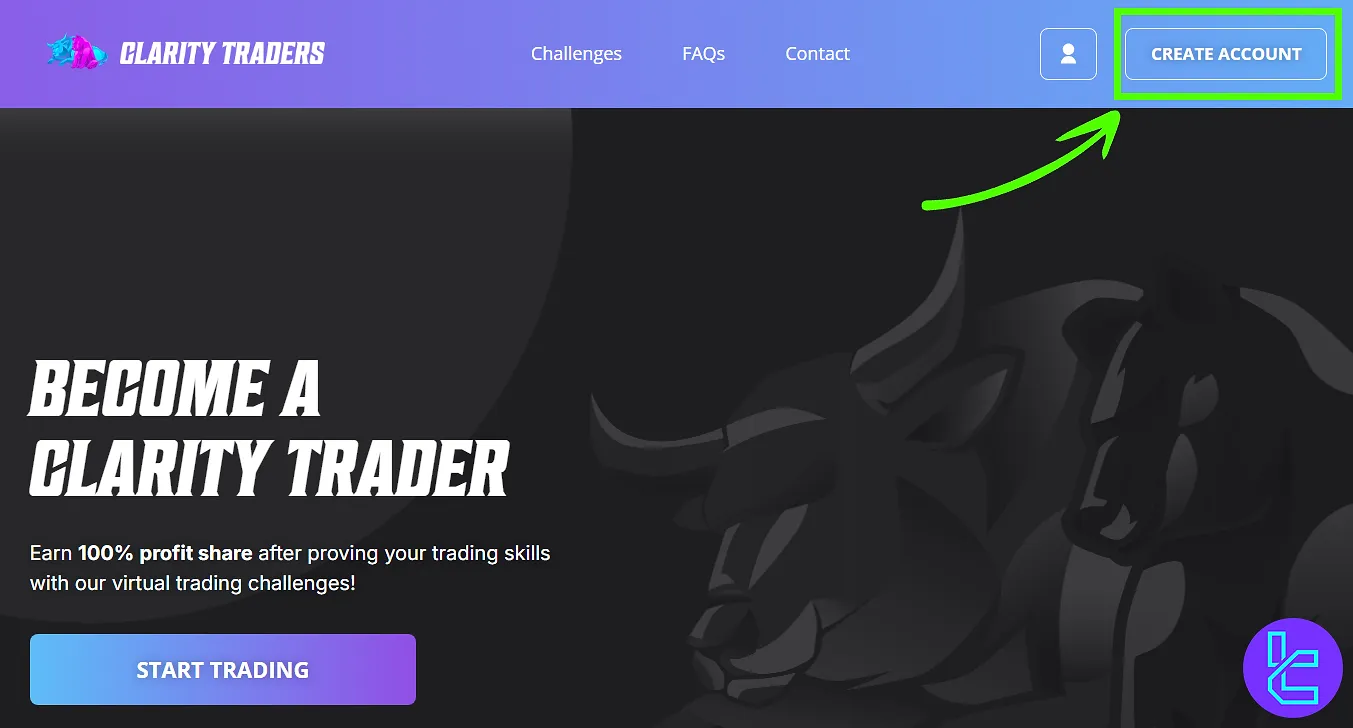 Access the Clarity Traders account setup section from the homepage