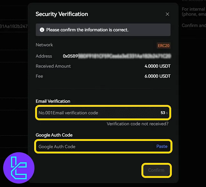 Email and Google code input for confirming the LBank ERC20 transaction
