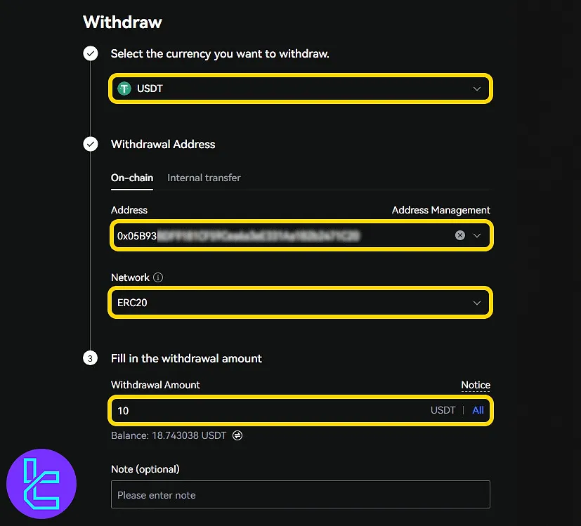 Entering ERC20 network, address, and amount for the LBank fund release