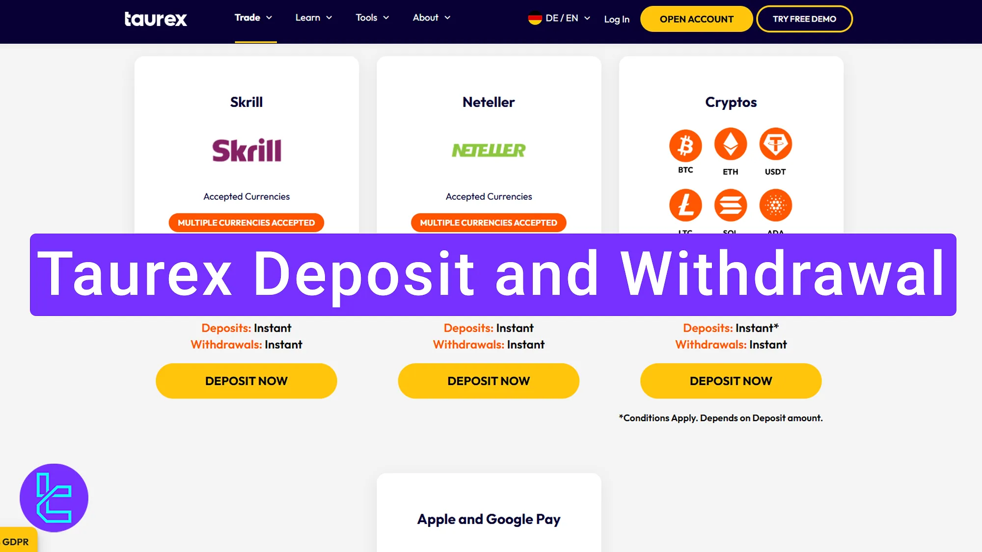 Taurex deposit and withdrawal options