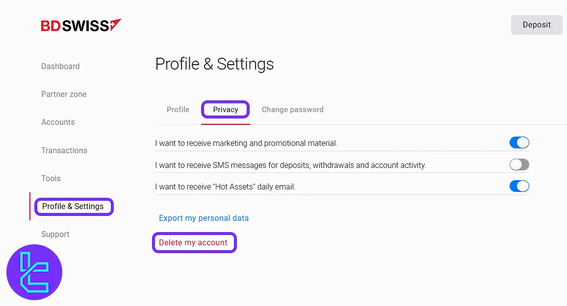 BDSwiss privacy settings tab in the trading panel