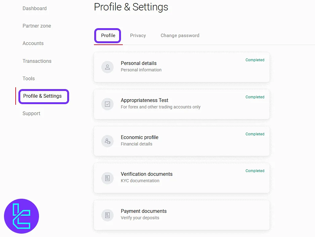 BDSwiss user profile tab content in the dashboard