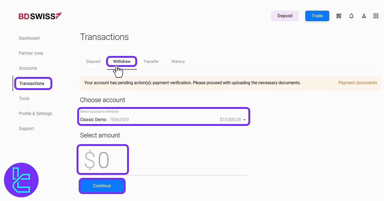 BDSwiss trading panel withdrawal section