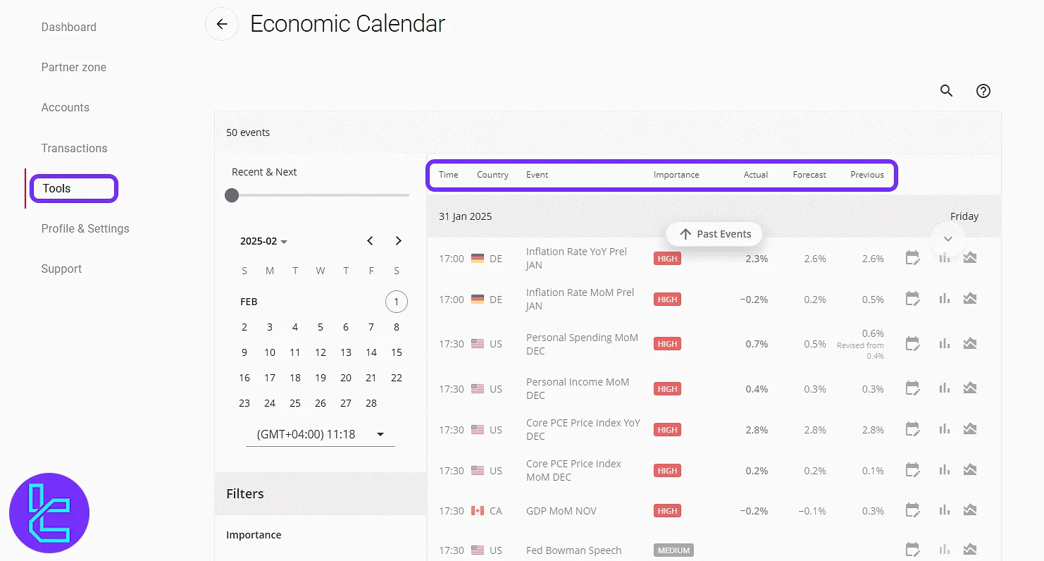 BDSwiss Forex calendar tool in the trading cabinet