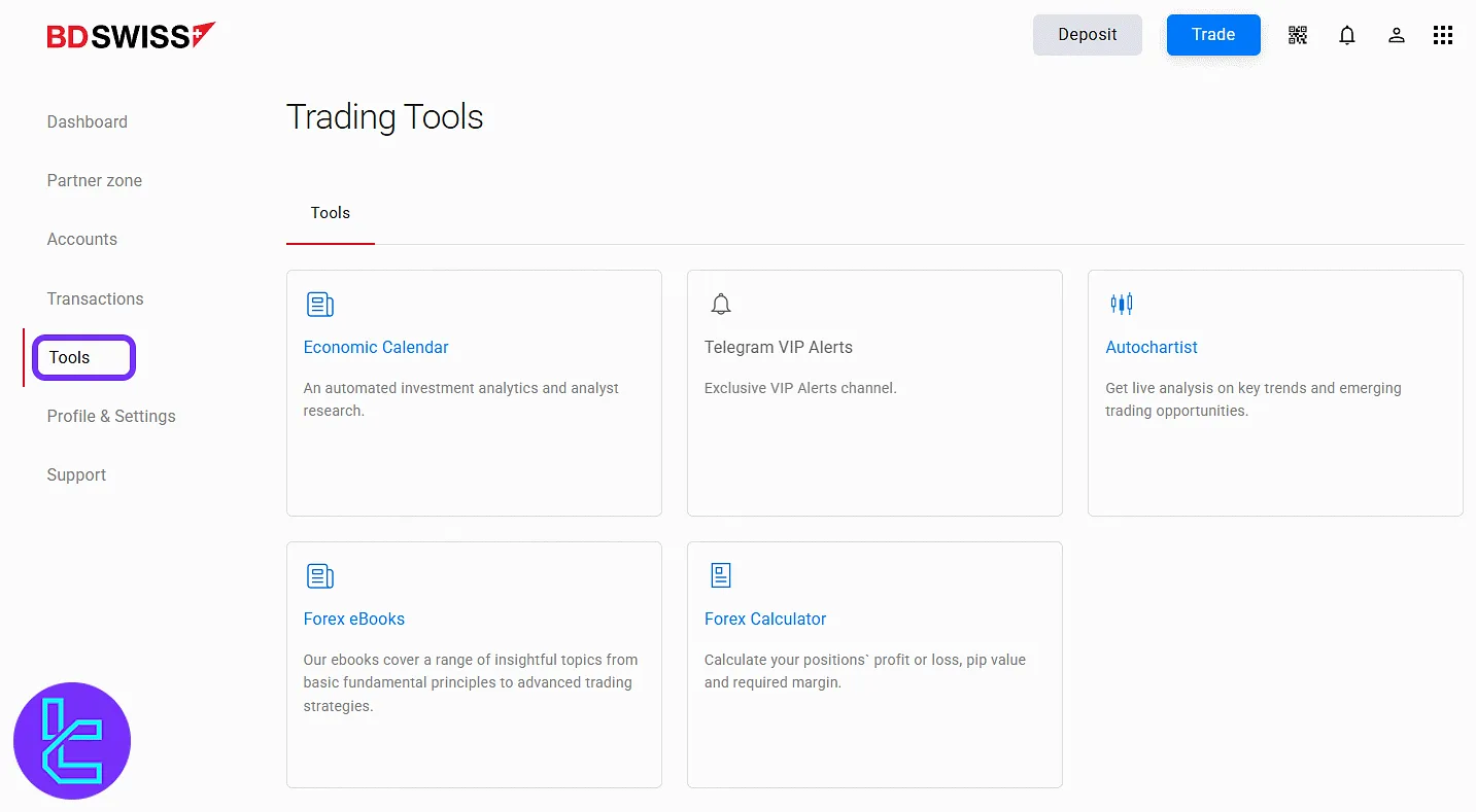 BDSwiss trading tools section in the dashboard