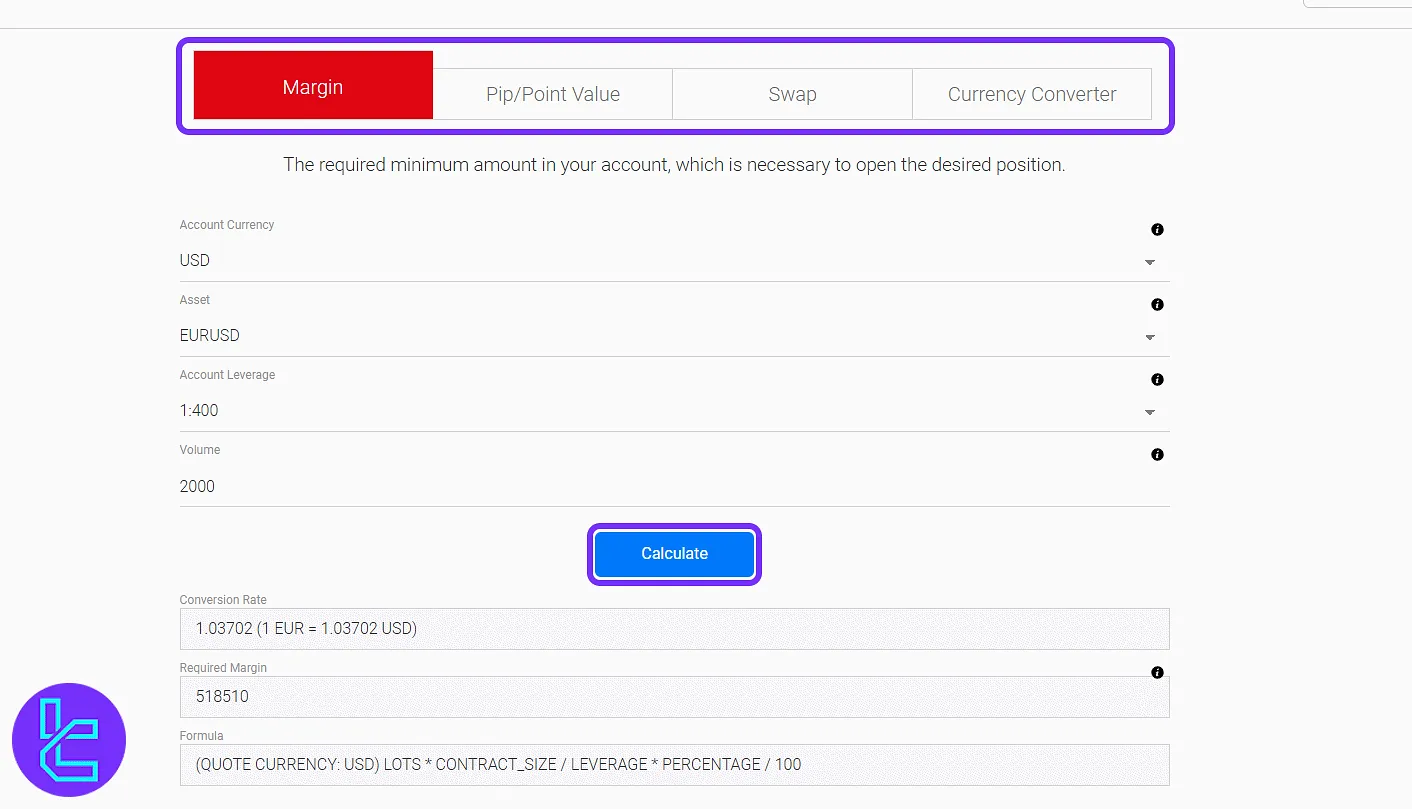 BDSwiss trading calculator tools in the dashboard