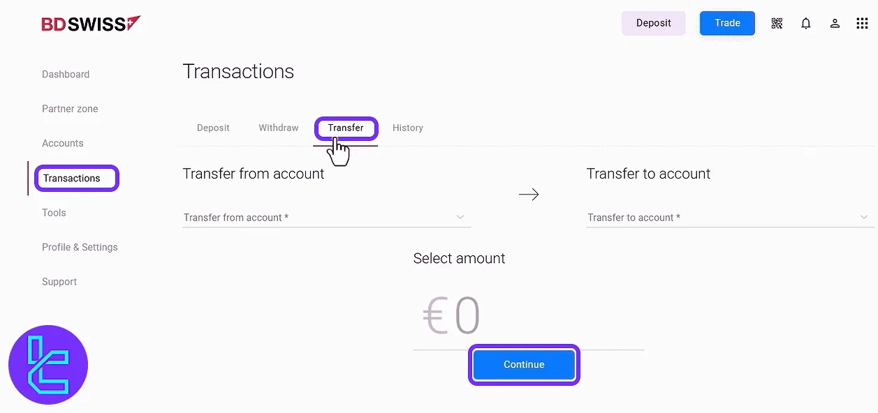 BDSwiss client cabin internal transfer