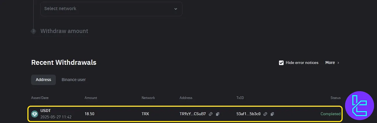 Binance TRC20 transaction confirmation