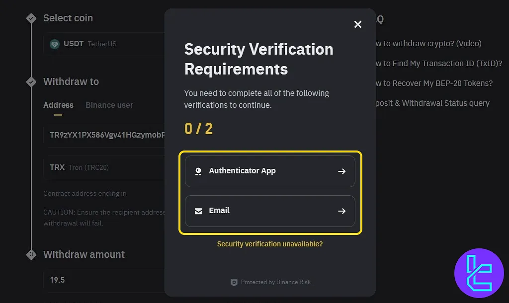 Enter Binance 2FA codes for cash out