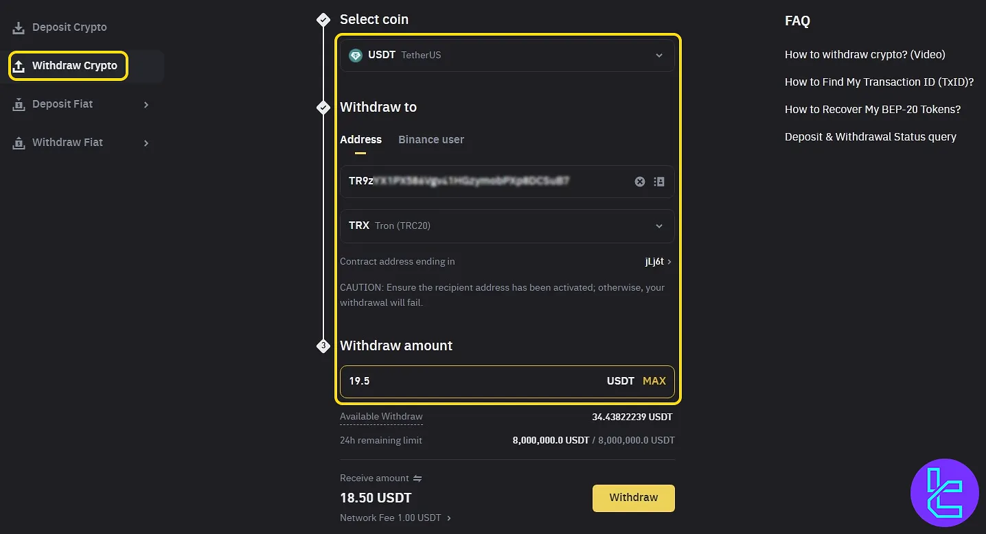 Binance TRC20 USDT payout details
