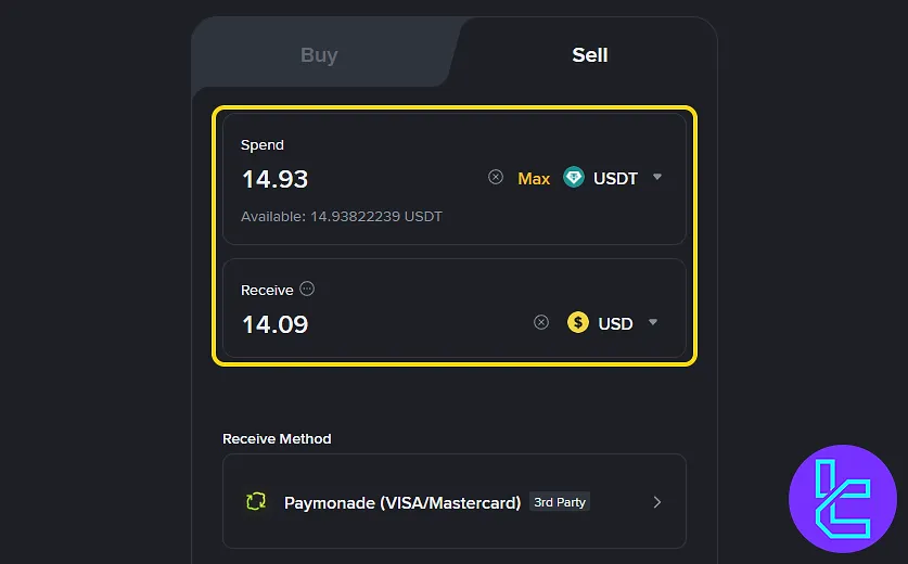 Binance Visa cash out page