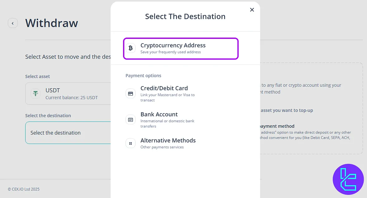 Select cryptocurrency address for CEX.io ERC20 payout