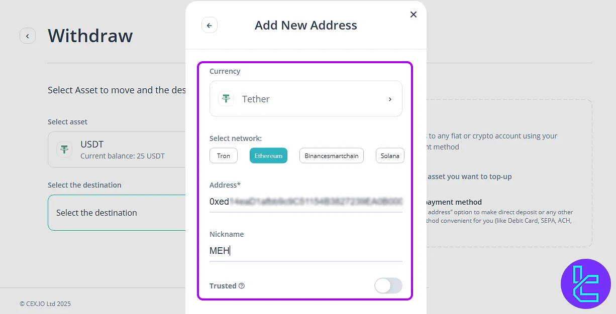 Enter ERC20 wallet address in CEX.io ERC20 payout