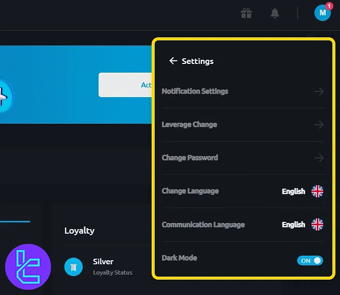 Windsor trading panel Settings menu options
